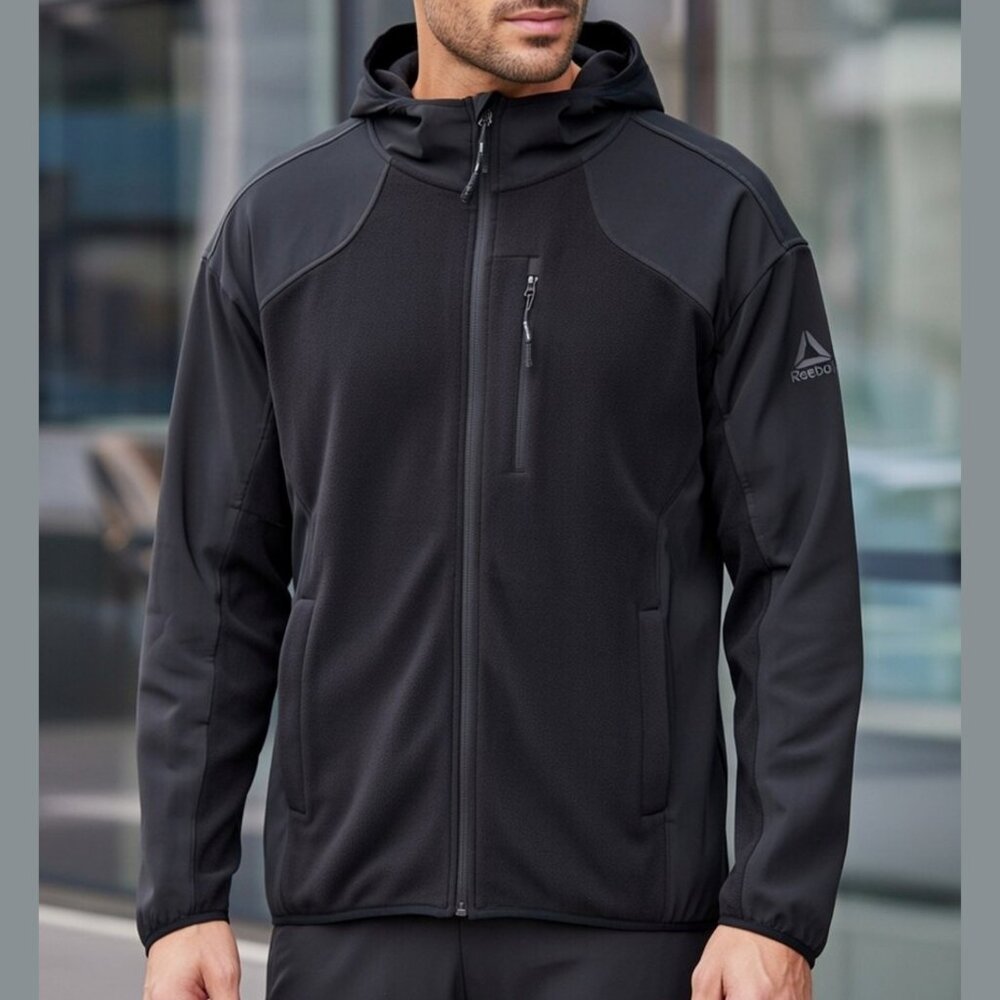NWT Reebok Men's XXL Black Mixed Media Full Zip Fleece Hoodie Jacket Softshell